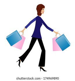 young business woman hurry with purchase home, vector illustration