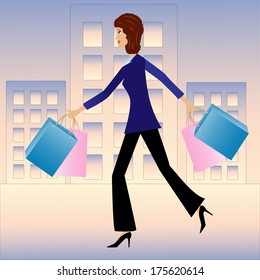 young business woman hurry with purchase home, vector illustration