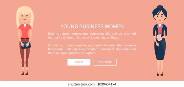 Young business woman isolated on pink backdrop, vector illustration with white text sample, two ladies holding black purse and planchette with paper