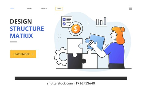 With a young business woman leader solving a puzzle. Outline flat minimal style cartoon vector illustration. Website, web page, landing page template