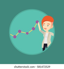 Young business woman looking at chart going up. Businesswoman lifting a business chart. Businesswoman pulling up a business chart. Vector flat design illustration in the circle isolated on background.