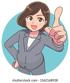 A young business woman is looking up with her index finger up. Round icon.