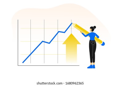 Young business woman or manager drawing a graph up with big pencil. Promotion motivation. Rising business. Way to achieve the goal.  Boosting. Career growth analysis. Vector illustration.