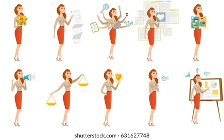 Young business woman with many legs and hands coping with multitasking. Business woman doing multiple tasks. Multitasking concept. Set of vector flat design illustrations isolated on white background.