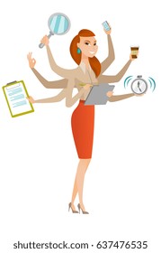 Young business woman with many legs and hands coping with multitasking. Business woman doing multiple tasks. Multitasking business person. Vector flat design illustration isolated on white background.
