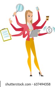 Young business woman with many legs and hands coping with multitasking. Business woman doing multiple tasks. Multitasking business person. Vector flat design illustration isolated on white background.