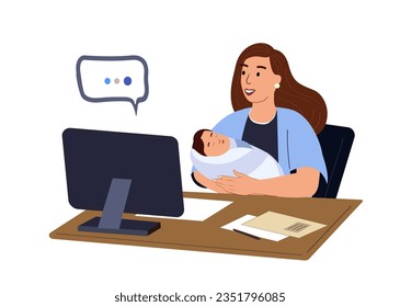 Mujer joven empresaria con licencia de maternidad trabajando en línea en una laptop con un bebé recién nacido en la mano.Madre independiente trabajando en casa a distancia.Decreto sobre cuidado infantil.Conferencia de seminario.Ilustración de vectores planos