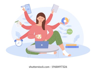 Young business woman with multitasking skills sitting at her laptop holding office icons. Office worker or freelancer. Time management, Multitasking, productivity concept. Flat cartoon vector design