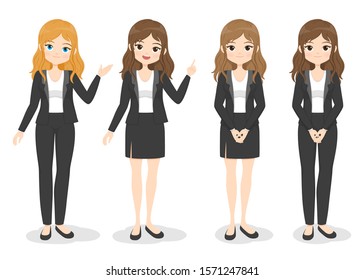 Young business woman in office clothes with different hand poses and color of hair. Flat cartoon girl in formal uniform (dress, pants, suit). Vector illustration.