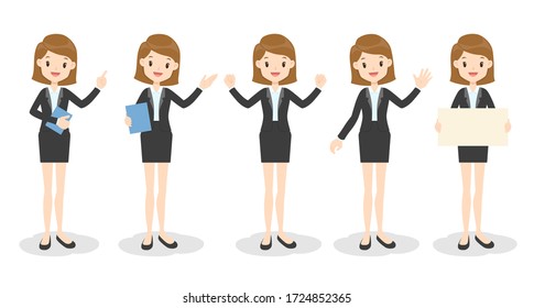 Young Business Woman In Office Clothes With Different Poses. Flat Cartoon Girl In Formal Uniform (dress, Suit). Vector Illustration.