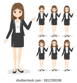 Young business woman in office clothes with hand poses and hair style. Flat cartoon girl in formal uniform (dress, suit). Vector illustration.