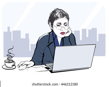 Young business woman at the office - vector illustration