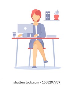 Young business woman office worker sitting at desk in the office on workplace, engaged in work duties works at computer. Business office clothing cartoon vector illustration