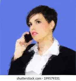 Young business woman on the phone in made from polygon triangle shapes. Vector illustration.