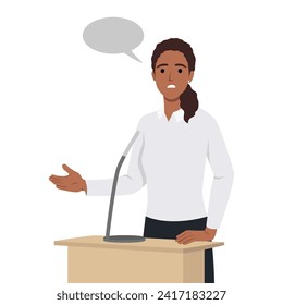 Young Business woman or politician speaking at the podium. Flat vector illustration isolated on white background