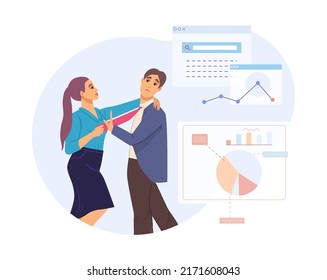 Young Business Woman Pulling Assistant Man To His Tie. Sexual Harassment At Workplace. Man Employee And His Boss. Abuse, Unwanted Advances, Inappropriate Touches In Office Flat Vector