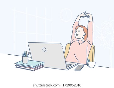 Young business woman is relaxing in his work deck, satisfied with work done. Conceptual of Work from home. Hand drawn in thin line style, vector illustrations.