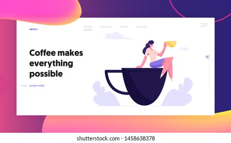 Young Business Woman Relaxing on Coffee Break Sitting on Huge Cup, Girl Visiting Cafe Restaurant for Lunch, Recreational Place Website Landing Page, Web Page. Cartoon Flat Vector Illustration, Banner