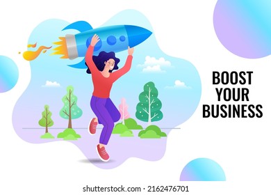Young business woman with rocket. Business concept career boost, start up and growth. Launching of a new company. Boosting business idea. vector illustration.