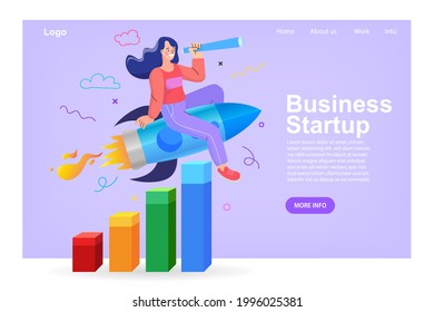 Young business woman with rocket on a purple background. Business concept career boost, start up and growth. Launching of a new company. Boosting business idea. vector illustration.