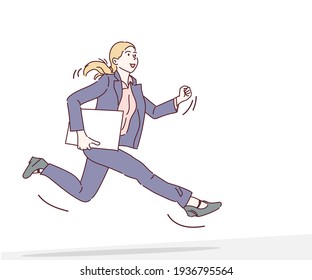 Young business woman running forward. Concept of fast business with running business woman. Hand drawn in thin line style, vector illustrations.