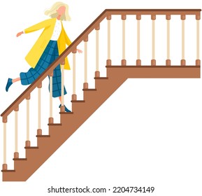 Joven empresaria corriendo escaleras arriba. Feliz feminista escalando escalera de carrera aislada persona. Niña sube escaleras arriba hasta un punto exitoso, corre hacia su meta en el ápice. Concepto de negocio, camino al gran tiempo