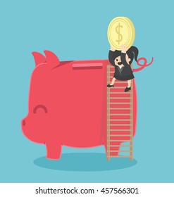 young business woman saving her money by putting a coin in a big piggy bank 