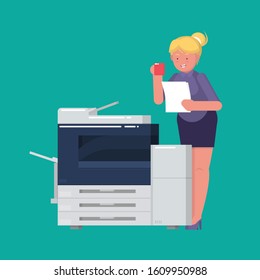 Young business woman secretary photocopying paper while drinking coffee