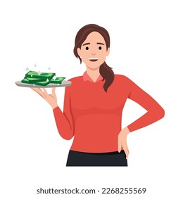 Young business woman serving money. Flat vector illustration isolated on white background