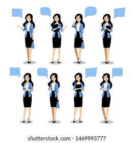 Mujer joven de negocios ambientada en diferentes poses, de fondo blanco. Ilustración plana vectorial. Caricatura femenina en escaramuza azul y falda negra, elementos de diseño aislados.