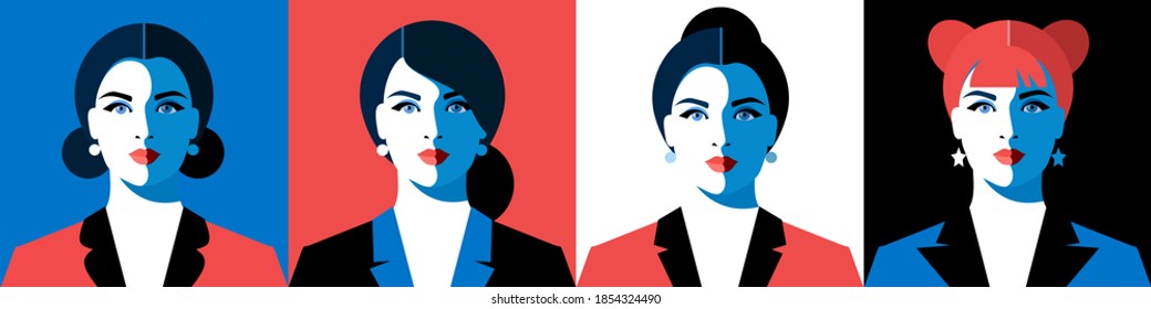 Young business woman. Set of female avatars, full face portraits. Young beautiful women with different hairstyles, in office suits. Vector illustration