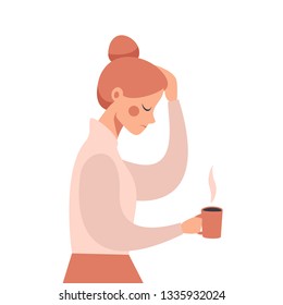 Young business woman with severe headache holding his hand on the head.  Vector illustration