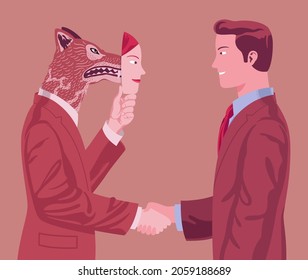 Young business woman shakes hands with male co-worker hiding hostility behind a kind mask. Hypocrisy at workplace.
