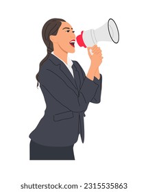 Young business woman shouting through megaphone, making announcement. Internet advertisement, marketing, social media, network promotion. Realistic vector illustration isolated on white background