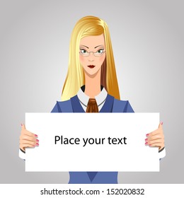 Young business woman showing blank signboard, over grey background