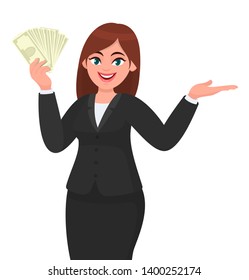 Young business woman showing or holding cash, money, dollar, currency notes in hand and pointing, gesturing or presenting hand palm to copy space. Modern lifestyle, business and finance in cartoon.