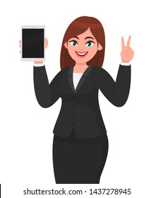 Young business woman showing or holding a brand new digital tablet computer and making or gesturing victory, v, peace, two sign. Female character design illustration. Modern lifestyle, technology.