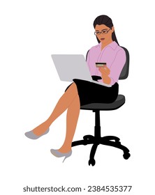 Young business woman sitting with laptop vector.