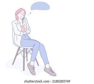 Young business woman sitting on a chair thinking. Hand drawn in thin line style, vector illustrations.