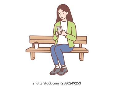 Young business woman sitting on bench with coffee and smartphone, chatting, Hand drawn style vector design illustrations.