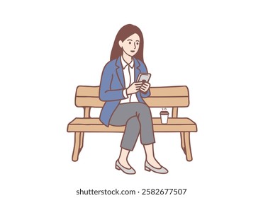 Young business woman sitting on bench with coffee and smartphone, chatting, Hand drawn style vector design illustrations.