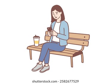 Young business woman sitting on bench with coffee and smartphone, chatting, Hand drawn style vector design illustrations.