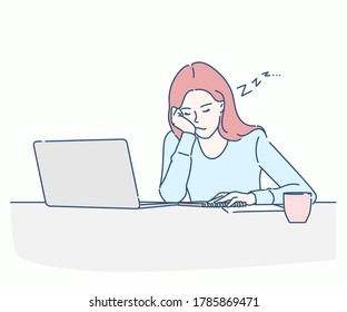 Young business woman sleeping, dowsing or taking a nap at her desk. Hand drawn in thin line style, vector illustration.