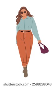 Young business woman  in smart casual office outfit walking, holding hand bag. Flat vector colorful illustration isolated on white background