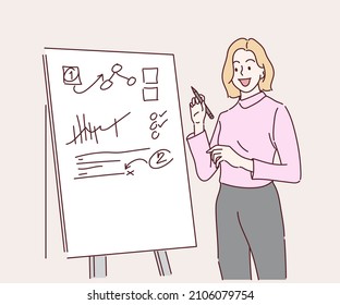 Young business woman speaker or coach make flip chart presentation for employees. Hand drawn in thin line style, vector illustration.