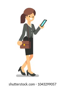 Young business woman standing with bag and smartphone. Vector character design flat style.