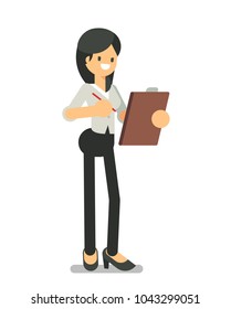 Young business woman standing with clipboard. Vector character design flat style.