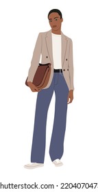 Young business woman standing in formal office outfit - mustard pants and jacket with phone and modern bag. Attractive lady boss business look. Cartoon female character vector realistic illustration.