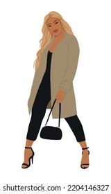 Young business woman standing in formal office outfit with modern bag. Attractive lady boss business look. Cartoon female character vector realistic illustration.