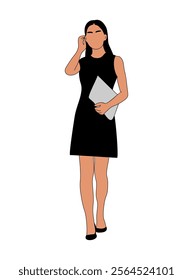 Young business woman standing in office black dress holding laptop. Pretty lady boss character vector illustration isolated on white background